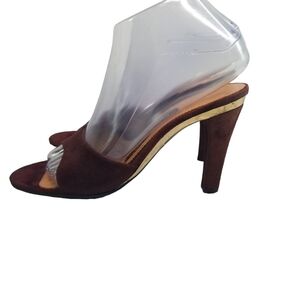 Vtg 70s wine suede gold slides disco heels